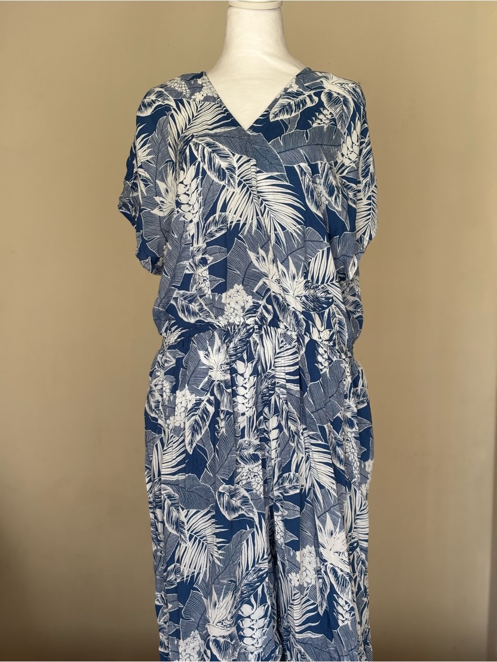 Cost Plus World Market Blue and White Tropical Leaf Print Jumsuit
